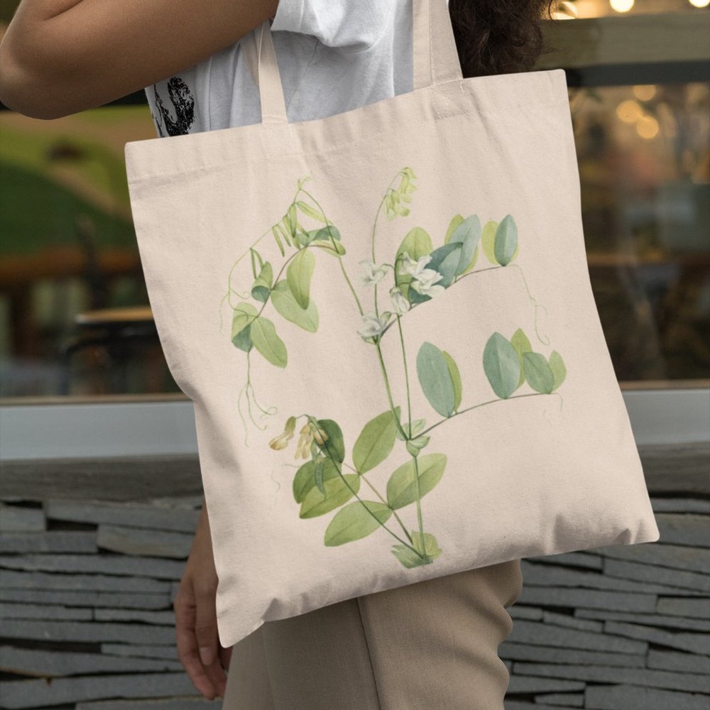 White Cream Pea Vintage Watercolor Floral Print Graphic Canvas Tote Bag